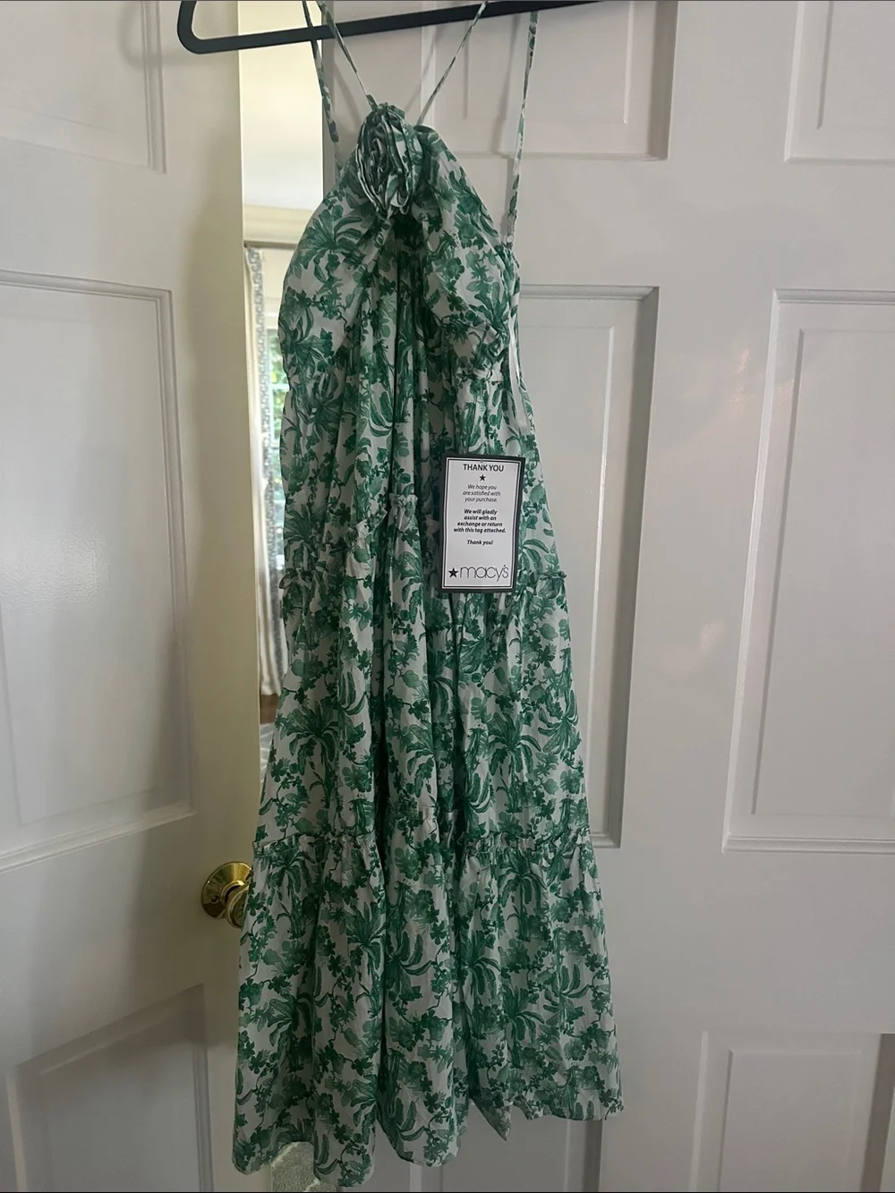 Macy's Green and White Floral Draped Accent Fabric Panel dress